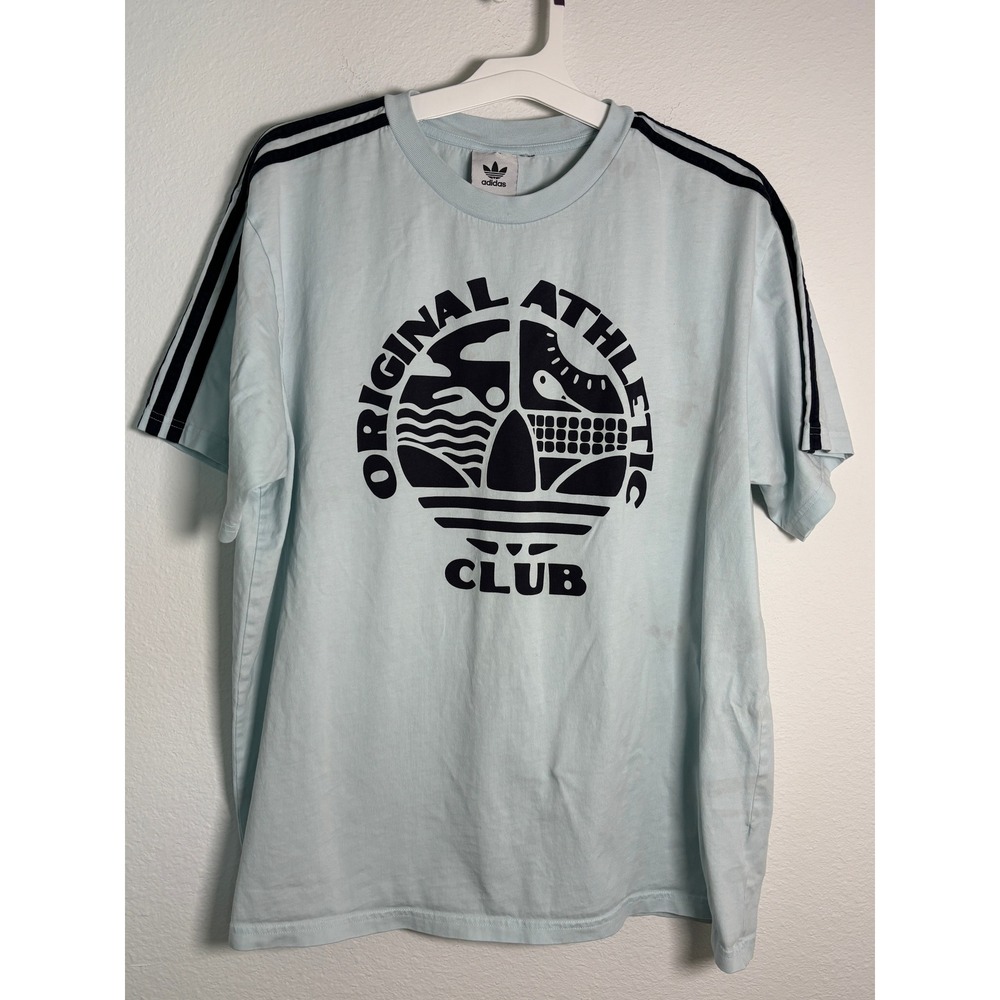 Adidas Originals Athletic Club T-Shirt Mens Large Light Blue 3-Stripe Graphic